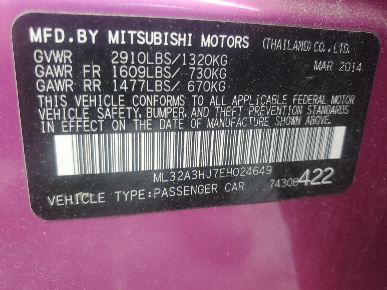 2014 Mitsubishi Mirage De VIN: ML32A3HJ7EH024649 Lot: 64172585