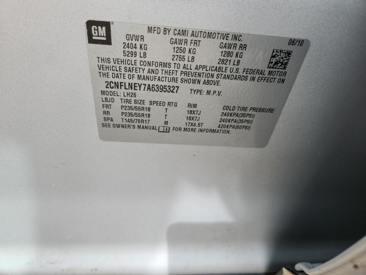 2010 Chevrolet Equinox Lt VIN: 2CNFLNEY7A6395327 Lot: 65137255