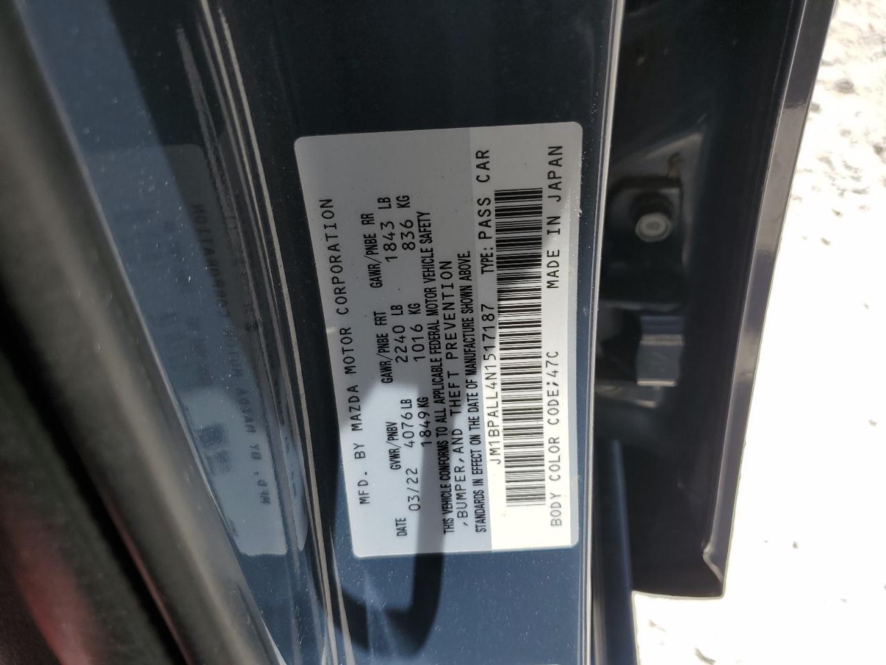 2022 Mazda 3 Preferred VIN: JM1BPALL4N1517187 Lot: 62583855