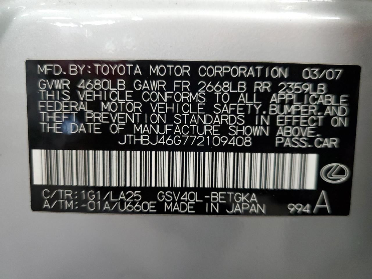 2007 Lexus Es 350 VIN: JTHBJ46G772109408 Lot: 64147275