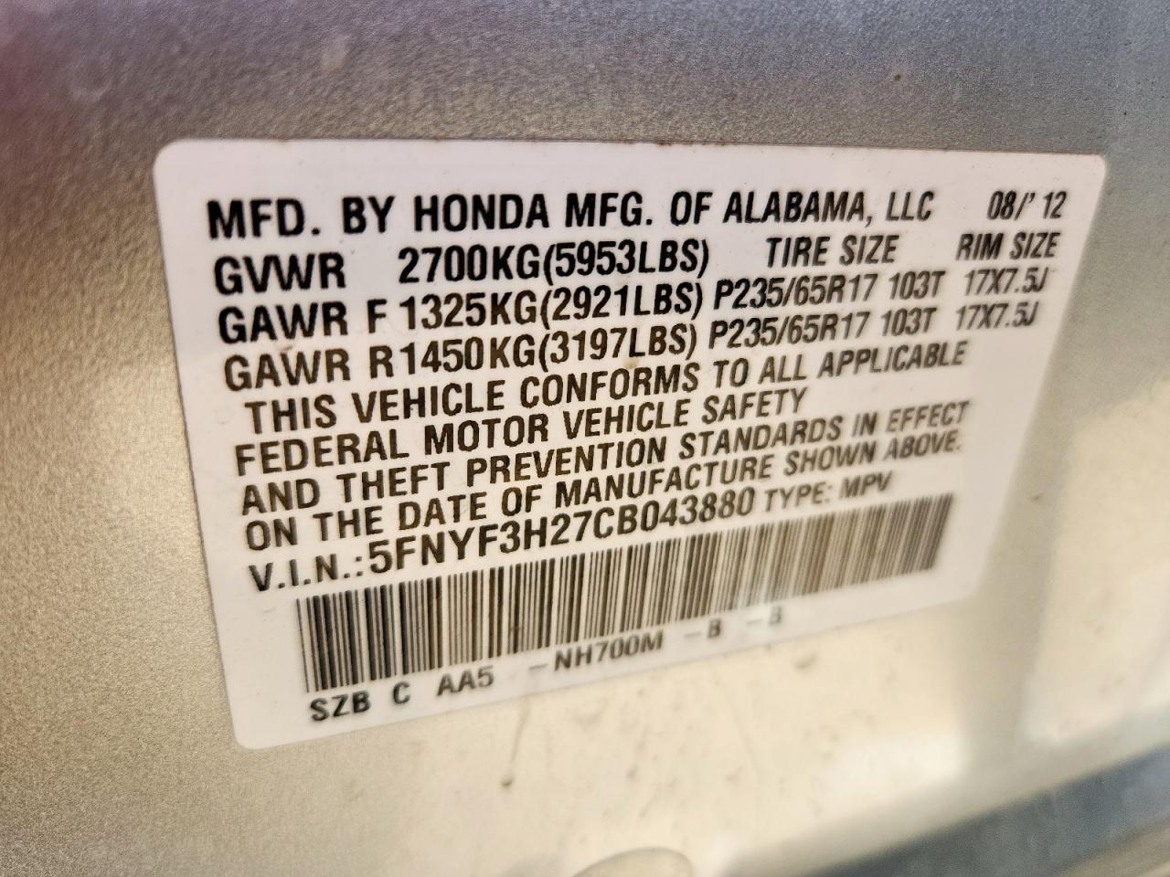 2012 Honda Pilot Lx VIN: 5FNYF3H27CB043880 Lot: 62759835