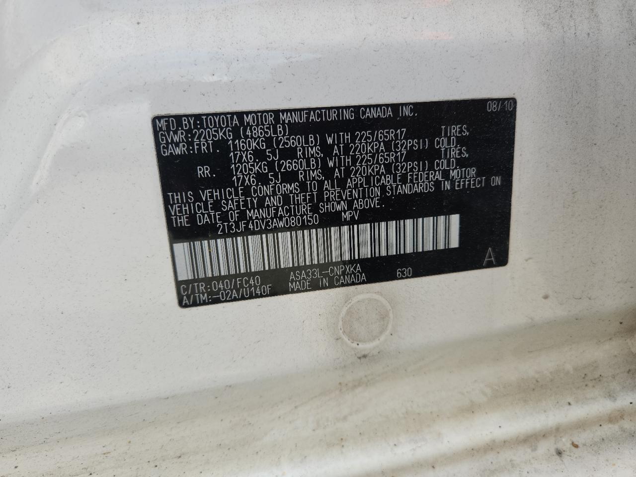 2010 Toyota Rav4 VIN: 2T3JF4DV3AW080150 Lot: 62997235