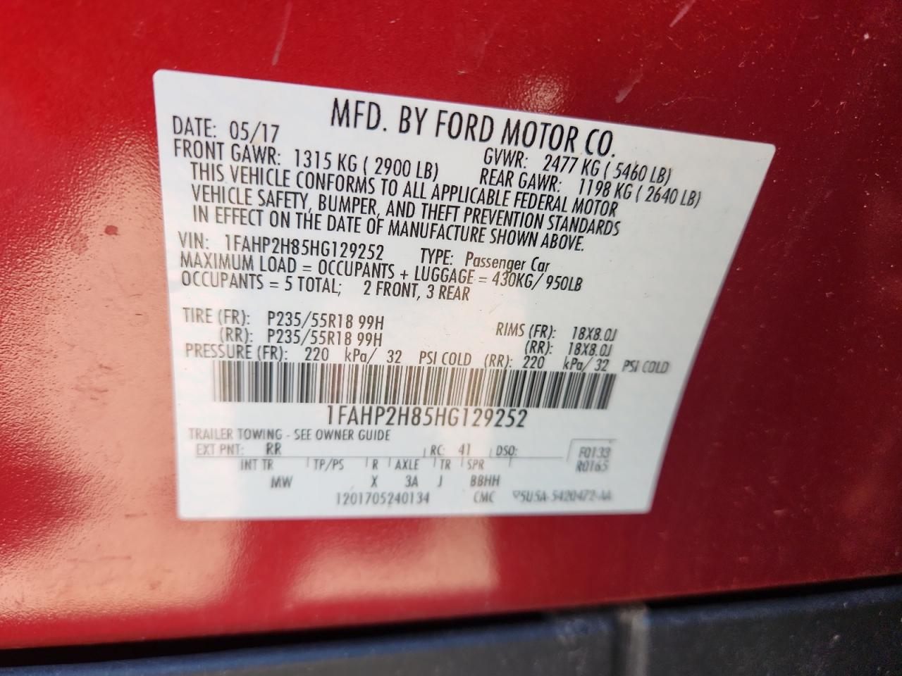 2017 Ford Taurus Sel VIN: 1FAHP2H85HG129252 Lot: 65213875