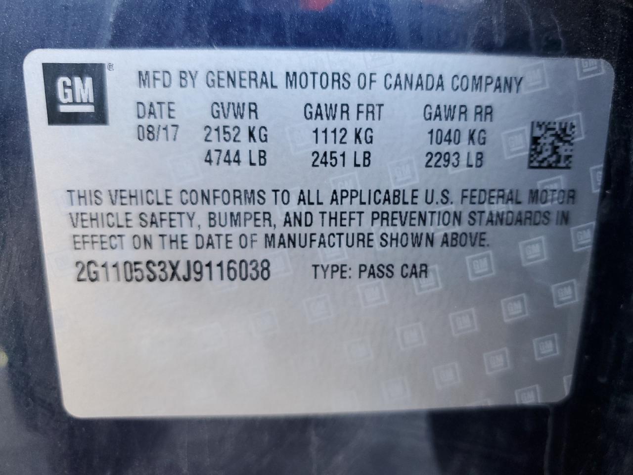 2018 Chevrolet Impala Lt VIN: 2G1105S3XJ9116038 Lot: 66178015