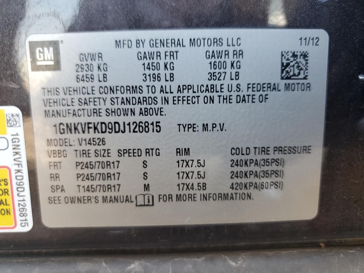 2013 Chevrolet Traverse Ls VIN: 1GNKVFKD9DJ126815 Lot: 63493945