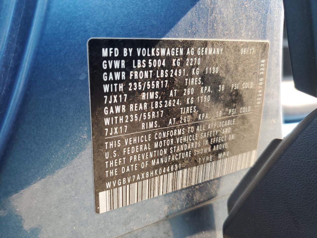 2017 Volkswagen Tiguan S VIN: WVGBV7AX8HK044631 Lot: 66710565