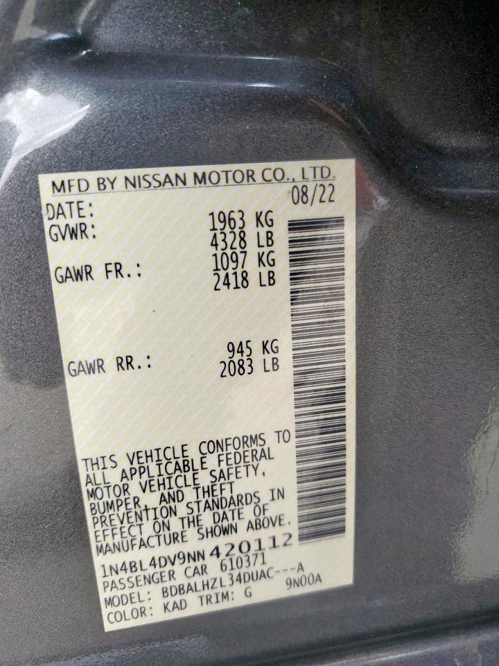 2022 Nissan Altima Sv VIN: 1N4BL4DV9NN420112 Lot: 64121155