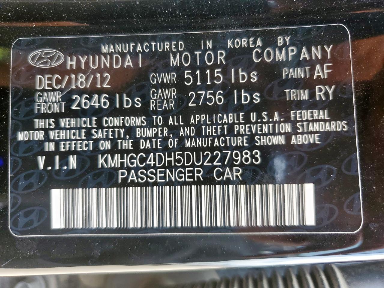2013 Hyundai Genesis 5.0L VIN: KMHGC4DH5DU227983 Lot: 63397465