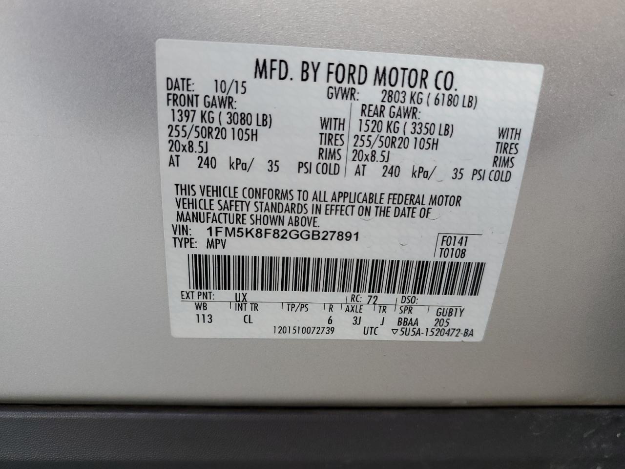 2016 Ford Explorer Limited VIN: 1FM5K8F82GGB27891 Lot: 63456265