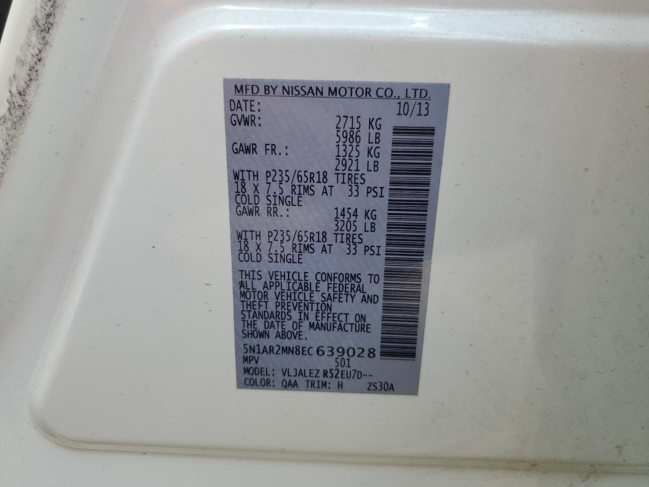 2014 Nissan Pathfinder S VIN: 5N1AR2MN8EC639028 Lot: 62950385