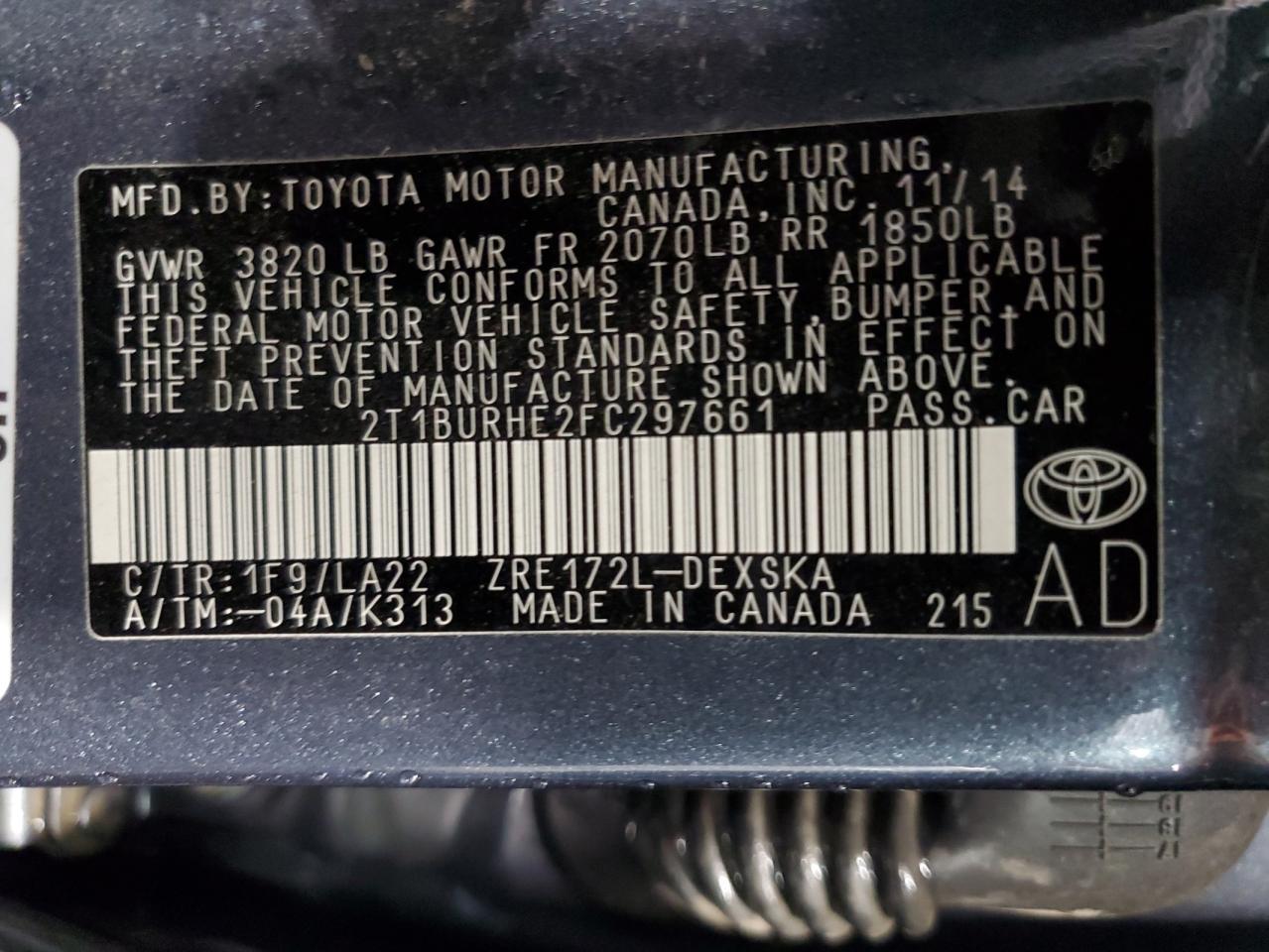 2015 Toyota Corolla L VIN: 2T1BURHE2FC297661 Lot: 63084165