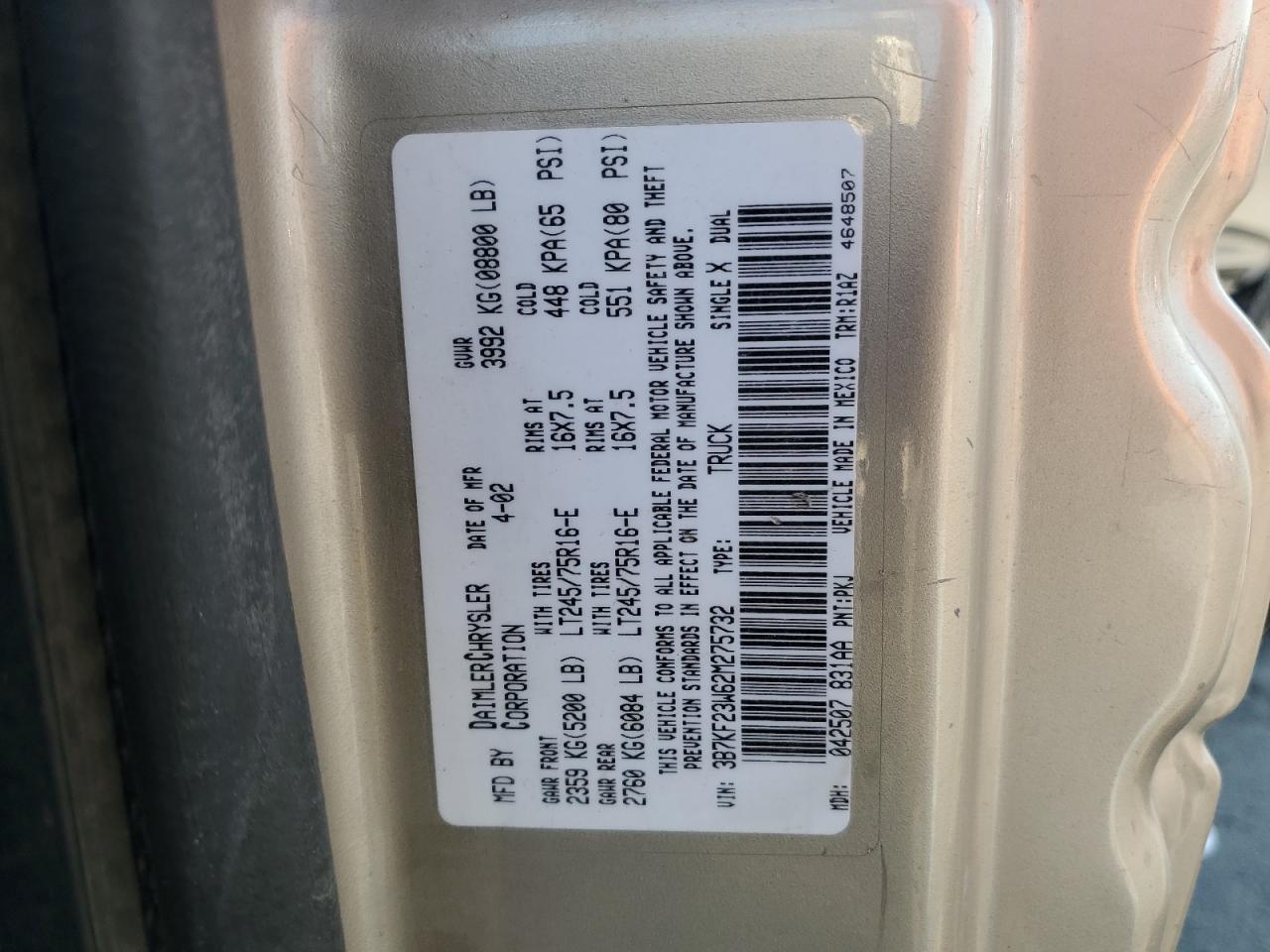 2002 Dodge Ram 2500 VIN: 3B7KF23W62M275732 Lot: 64232195