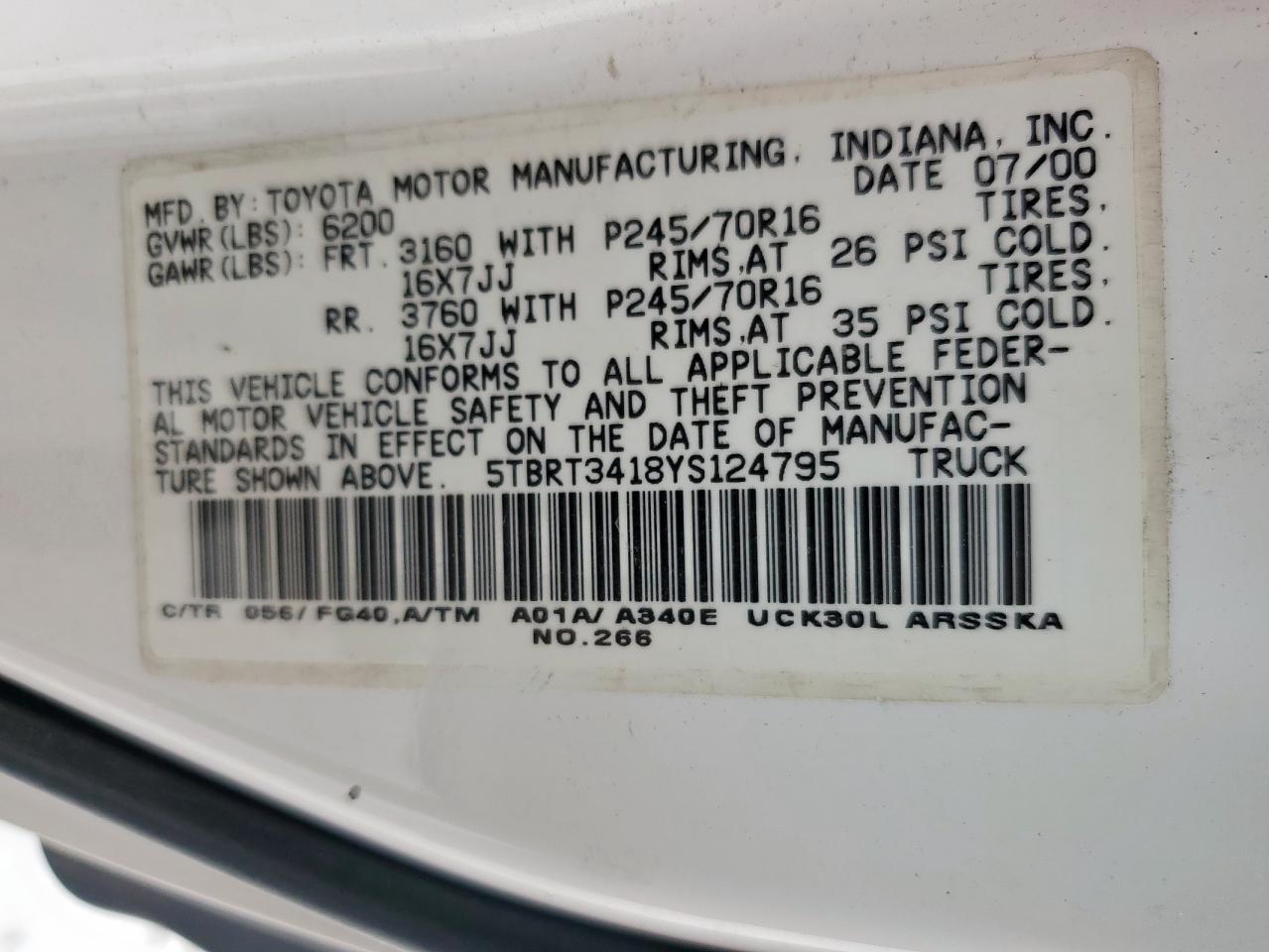 2000 Toyota Tundra Access Cab VIN: 5TBRT3418YS124795 Lot: 63439475