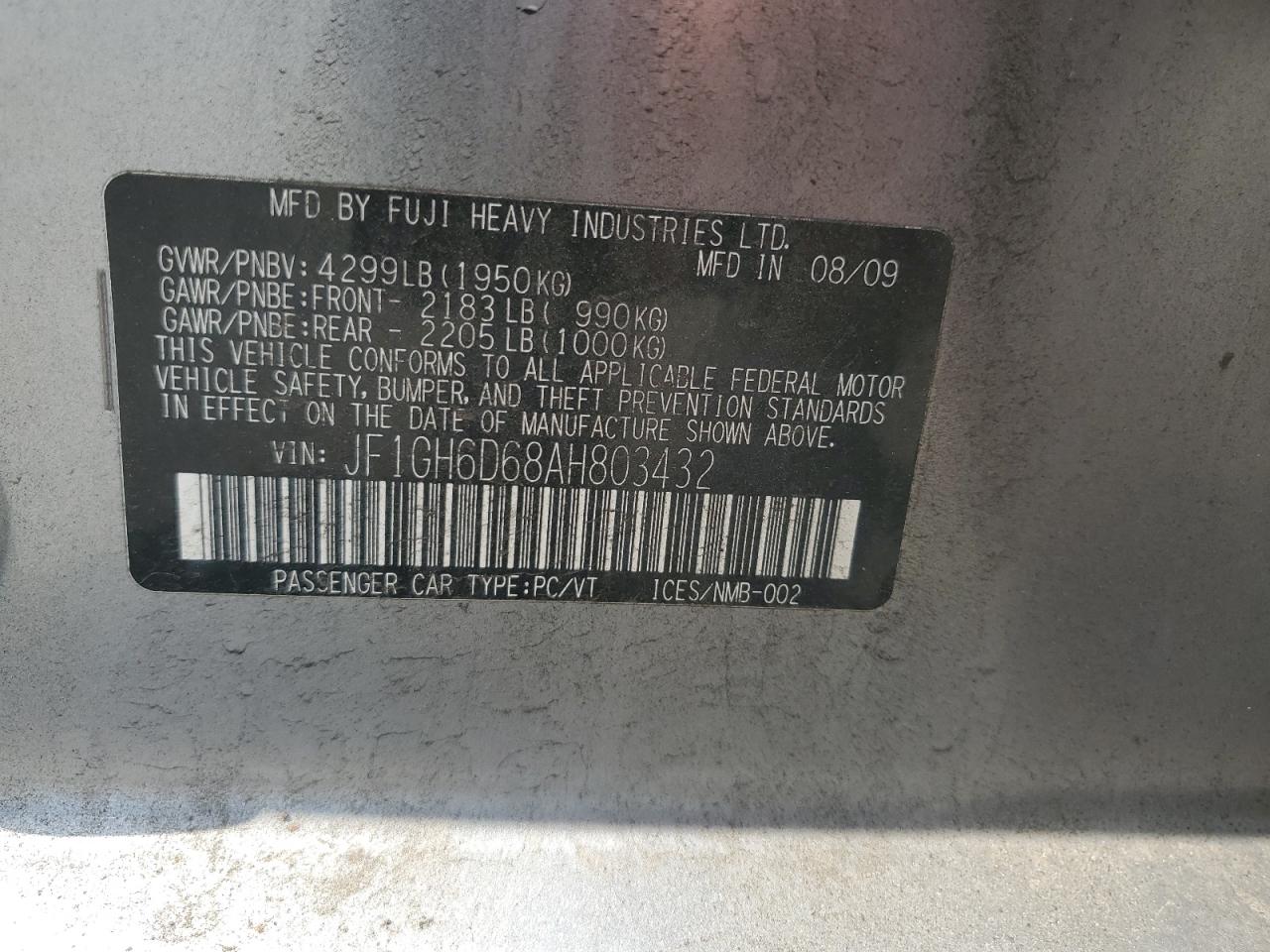2010 Subaru Impreza Outback Sport VIN: JF1GH6D68AH803432 Lot: 63533475