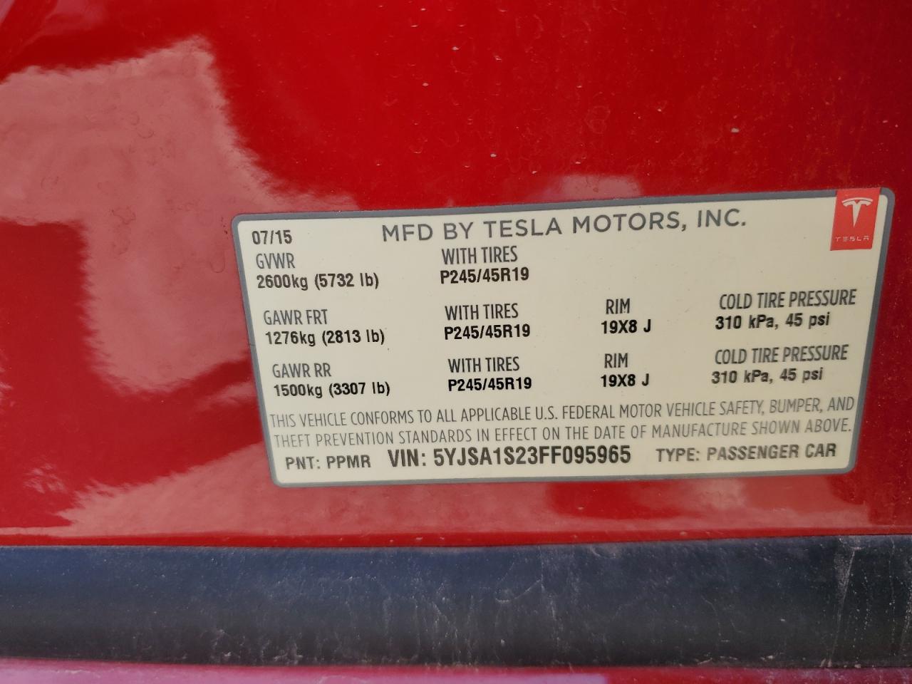 2015 Tesla Model S 70D VIN: 5YJSA1S23FF095965 Lot: 65983905