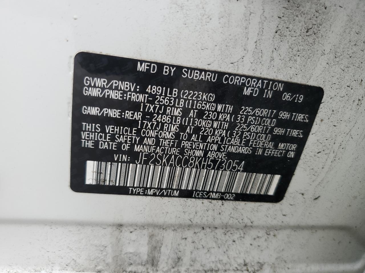2019 Subaru Forester VIN: JF2SKACC8KH573054 Lot: 63560705