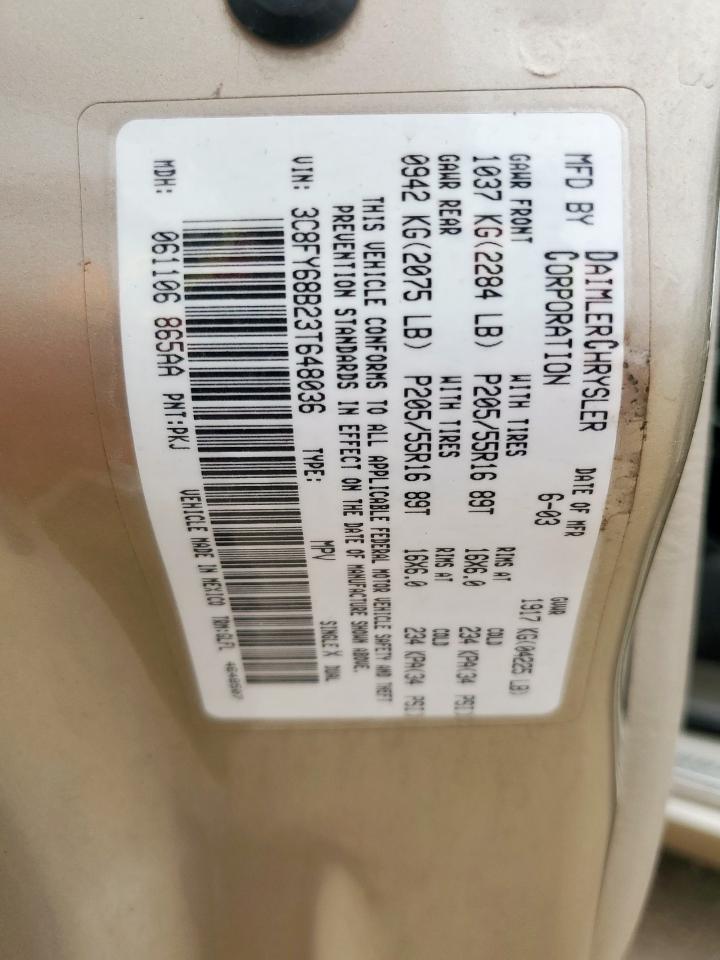 2003 Chrysler Pt Cruiser Limited VIN: 3C8FY68B23T648036 Lot: 63055905