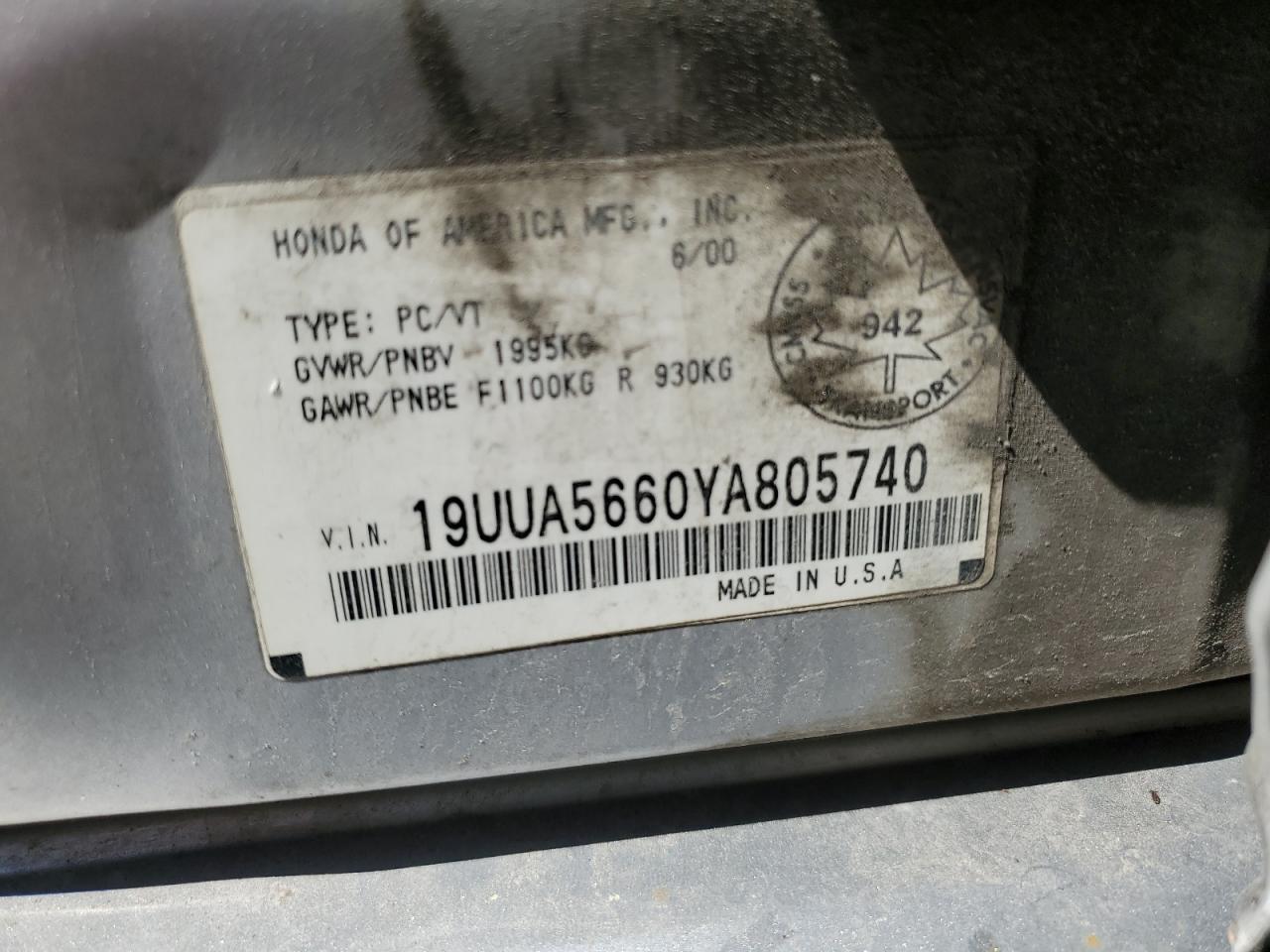 2000 Acura 3.2Tl VIN: 19UUA5660YA805740 Lot: 63838085