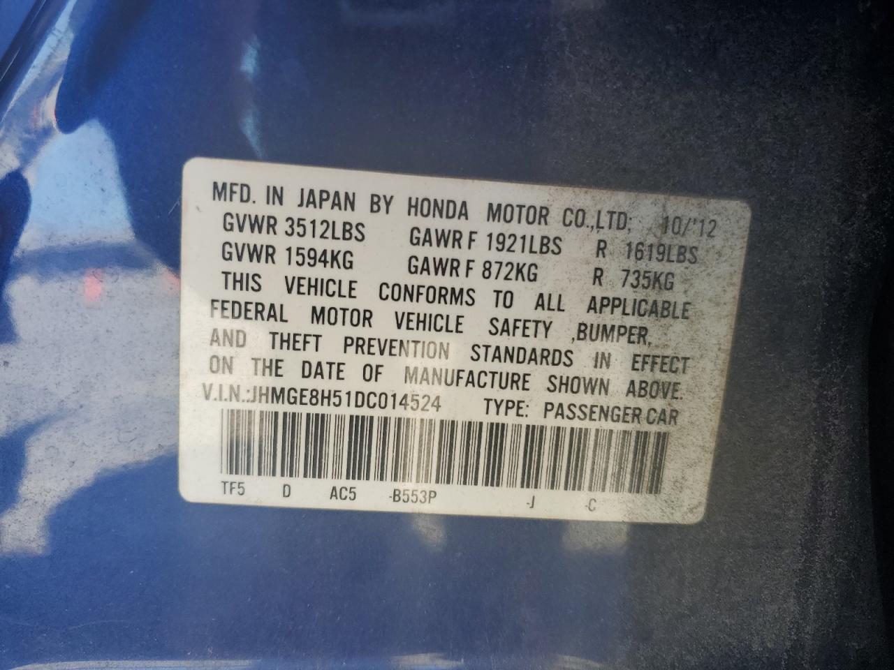 2013 Honda Fit Sport VIN: JHMGE8H51DC014524 Lot: 64408215