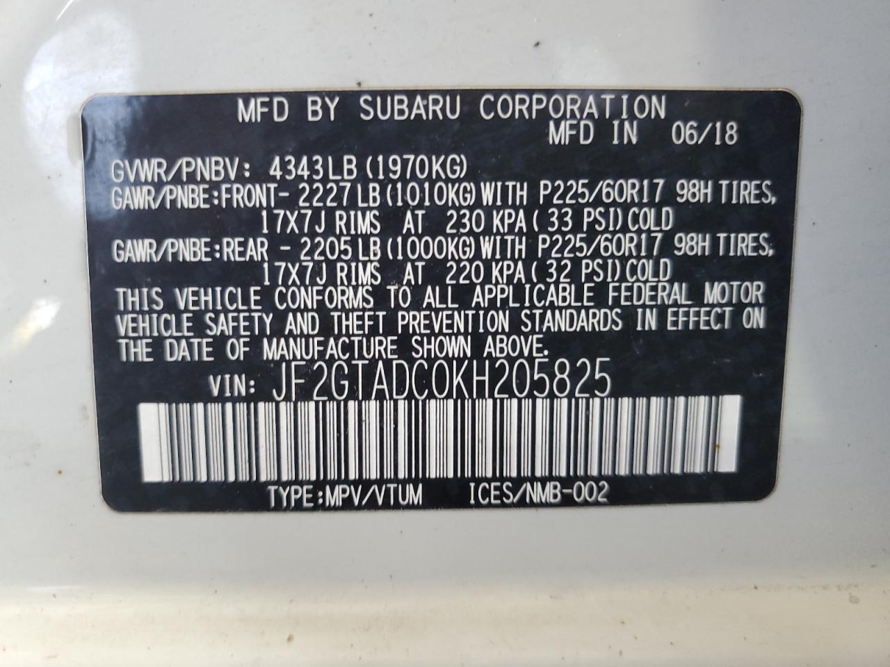 2019 Subaru Crosstrek Premium VIN: JF2GTADC0KH205825 Lot: 63839195