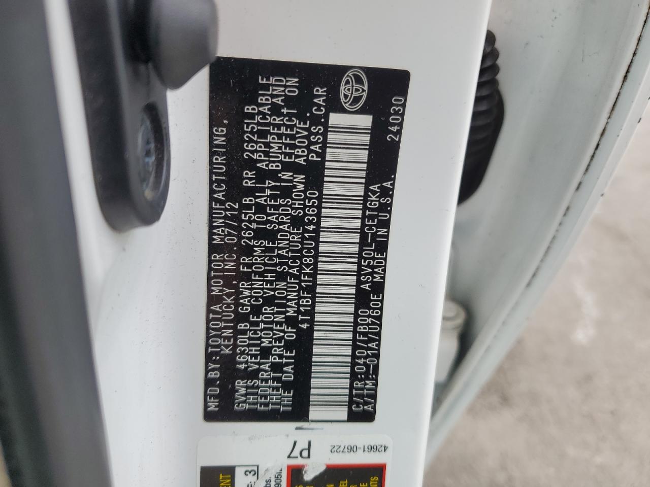 2012 Toyota Camry Base VIN: 4T1BF1FK8CU143650 Lot: 65336395