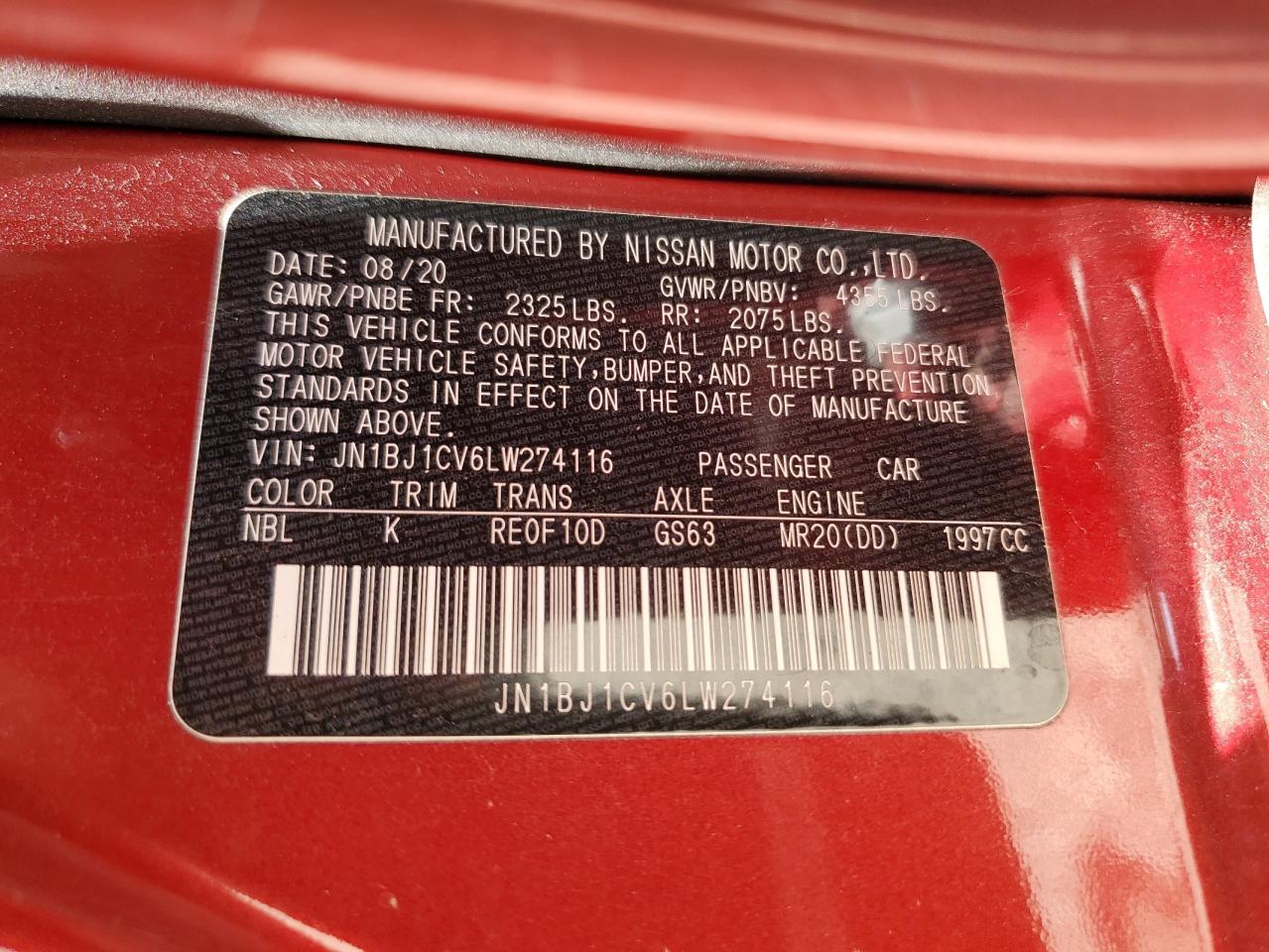 2020 Nissan Rogue Sport S VIN: JN1BJ1CV6LW274116 Lot: 65423105