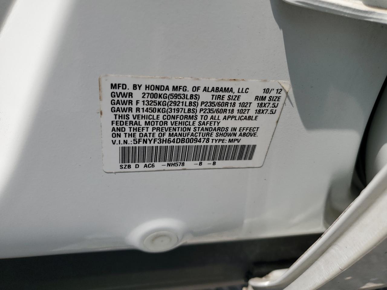 2013 Honda Pilot Exl VIN: 5FNYF3H64DB009478 Lot: 66201435