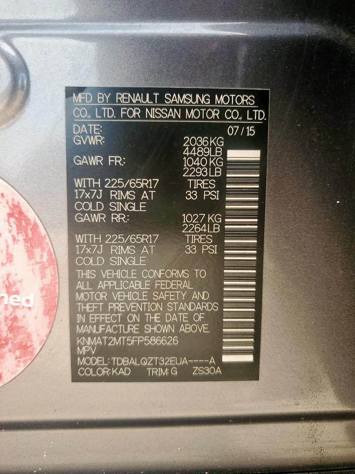 2015 Nissan Rogue S VIN: KNMAT2MT5FP586626 Lot: 64783895