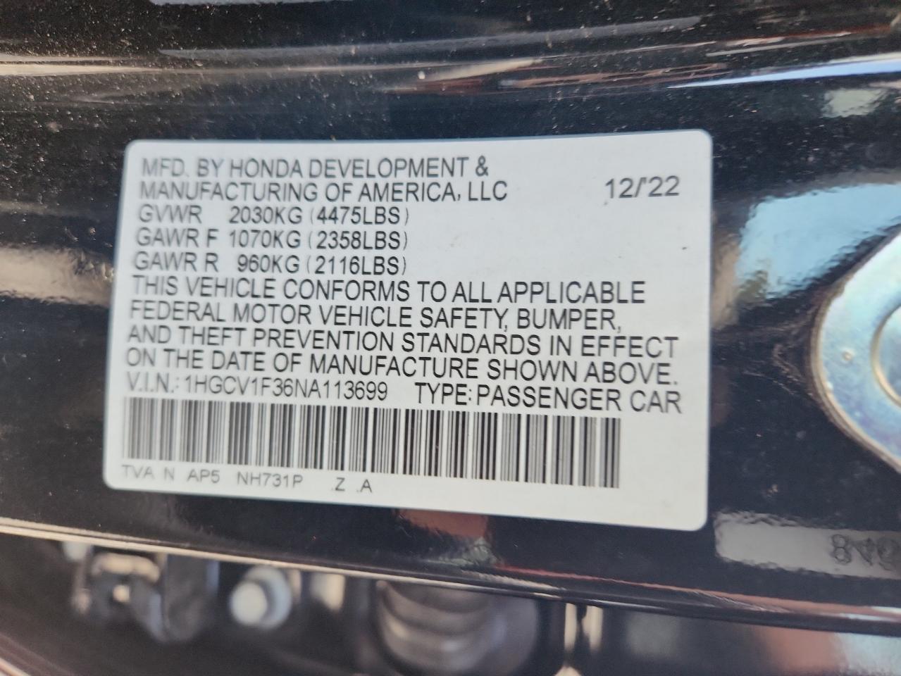 2022 Honda Accord Sport VIN: 1HGCV1F36NA113699 Lot: 65111195
