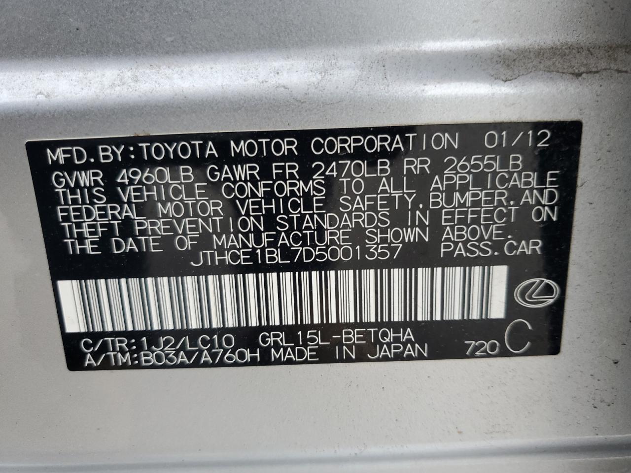 2013 Lexus Gs 350 VIN: JTHCE1BL7D5001357 Lot: 63098755