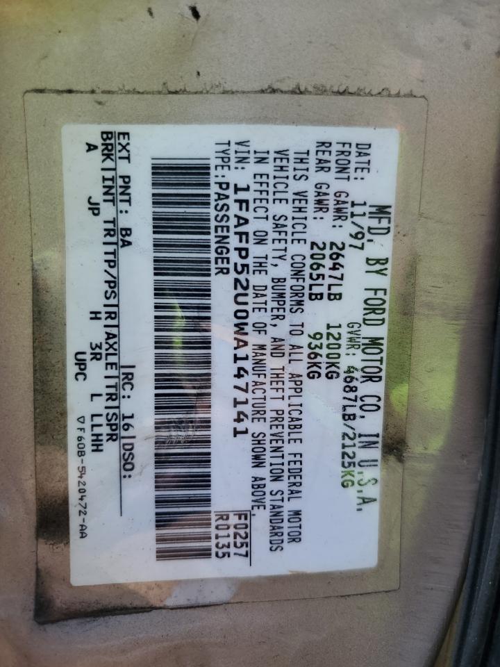 1998 Ford Taurus Lx VIN: 1FAFP52U0WA147141 Lot: 64230635