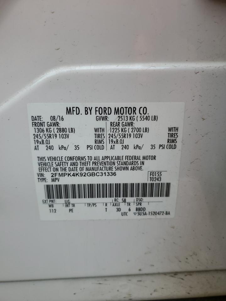 2016 Ford Edge Titanium VIN: 2FMPK4K92GBC31336 Lot: 64828755