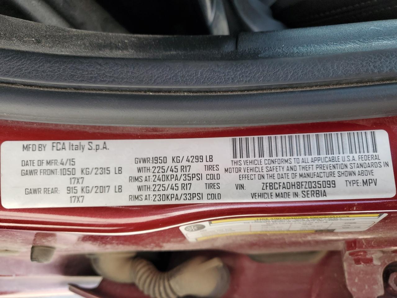 2015 Fiat 500L Trekking VIN: ZFBCFADH8FZ035099 Lot: 63457085
