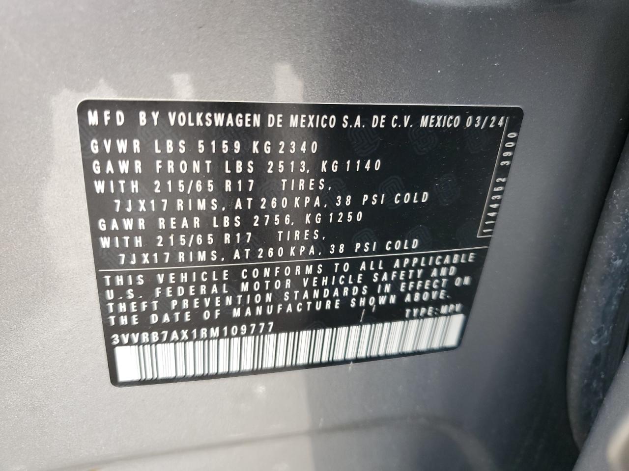 2024 Volkswagen Tiguan S VIN: 3VVRB7AX1RM109777 Lot: 64182175