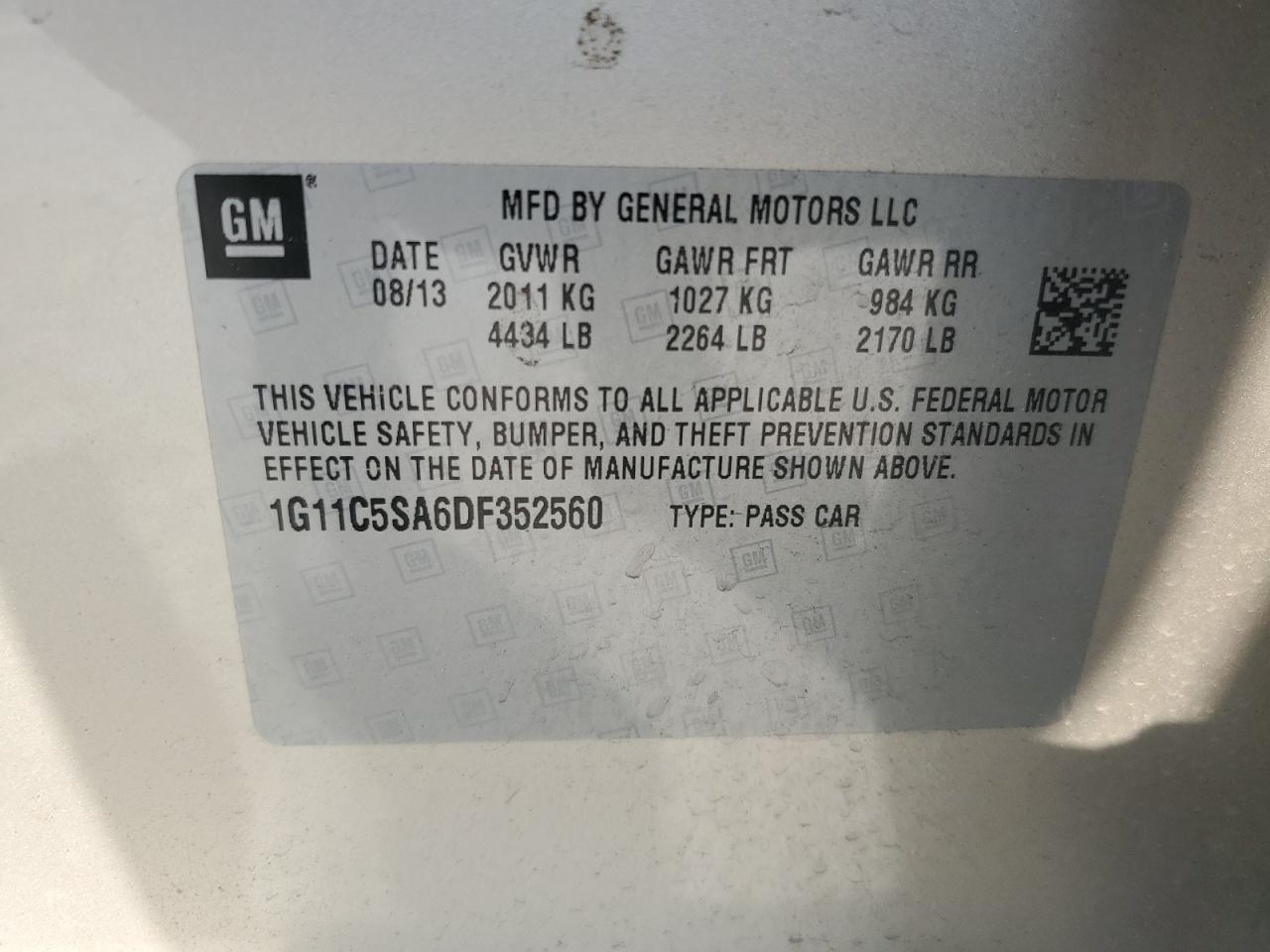 2013 Chevrolet Malibu 1Lt VIN: 1G11C5SA6DF352560 Lot: 63835465
