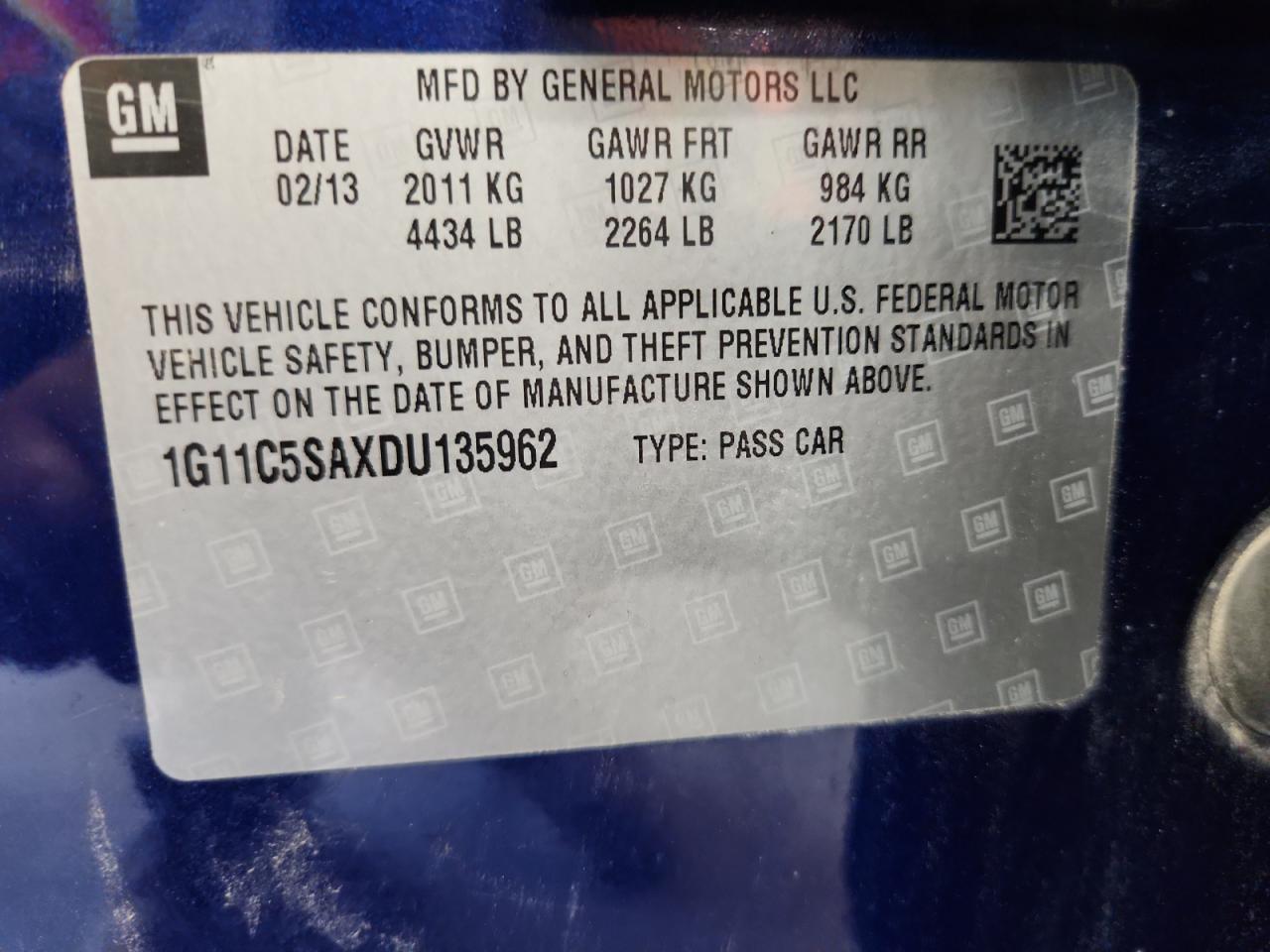 2013 Chevrolet Malibu 1Lt VIN: 1G11C5SAXDU135962 Lot: 64837535