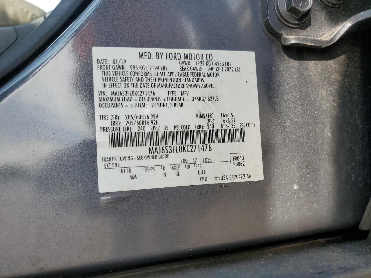 2019 Ford Ecosport S VIN: MAJ6S3FL0KC271476 Lot: 64376475