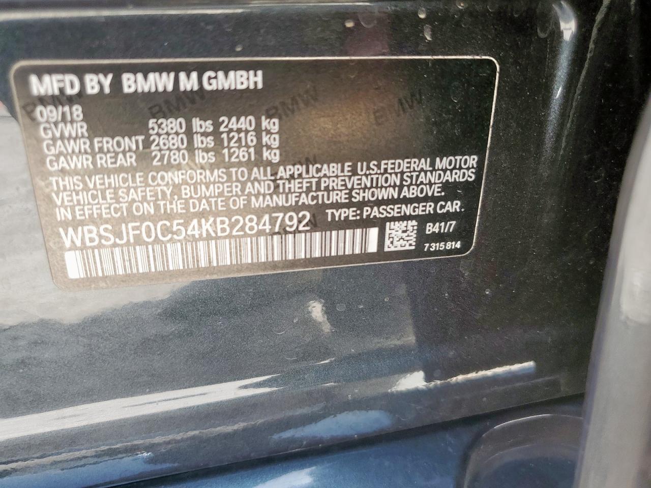 2019 BMW M5 VIN: WBSJF0C54KB284792 Lot: 61955075
