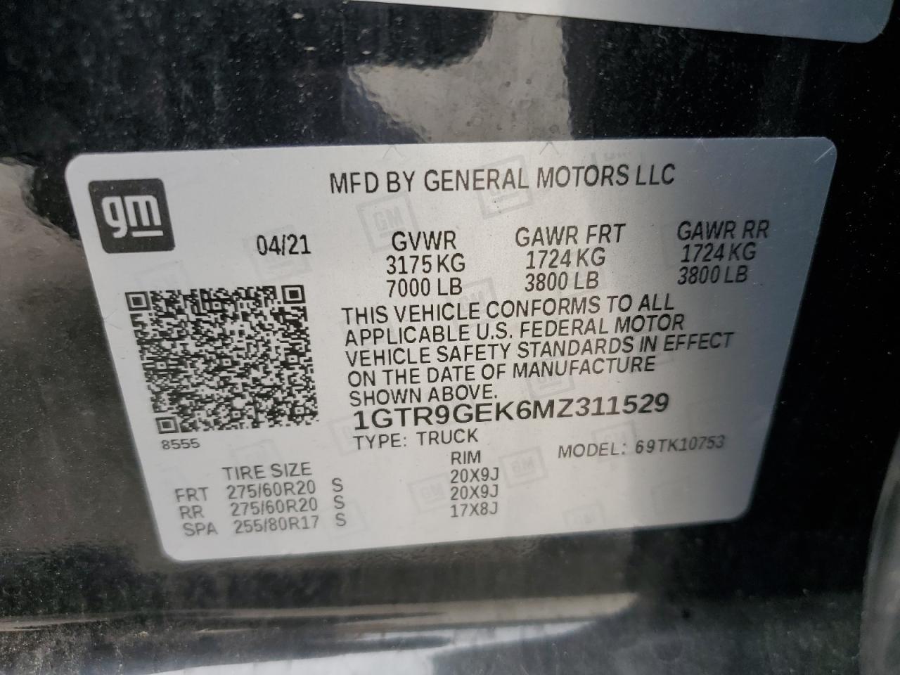 2021 GMC Sierra K1500 Elevation VIN: 1GTR9GEK6MZ311529 Lot: 63425265