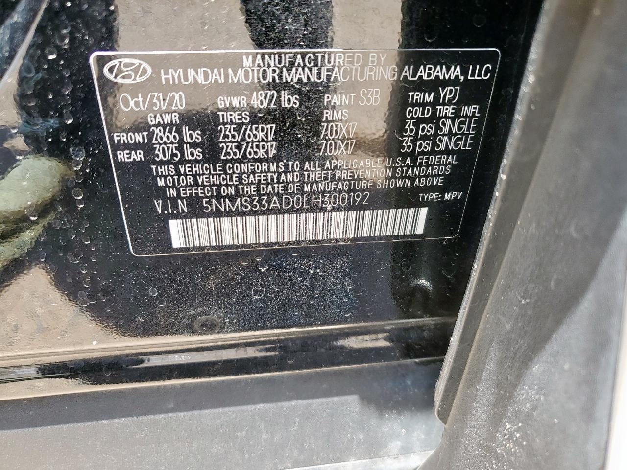 2020 Hyundai Santa Fe Sel VIN: 5NMS33AD0LH300192 Lot: 63845195