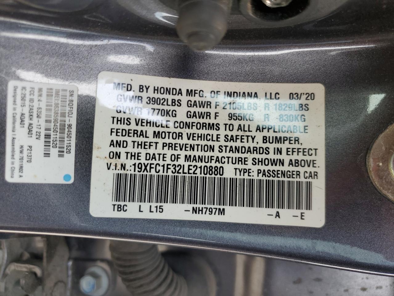 2020 Honda Civic Ex VIN: 19XFC1F32LE210880 Lot: 65154105