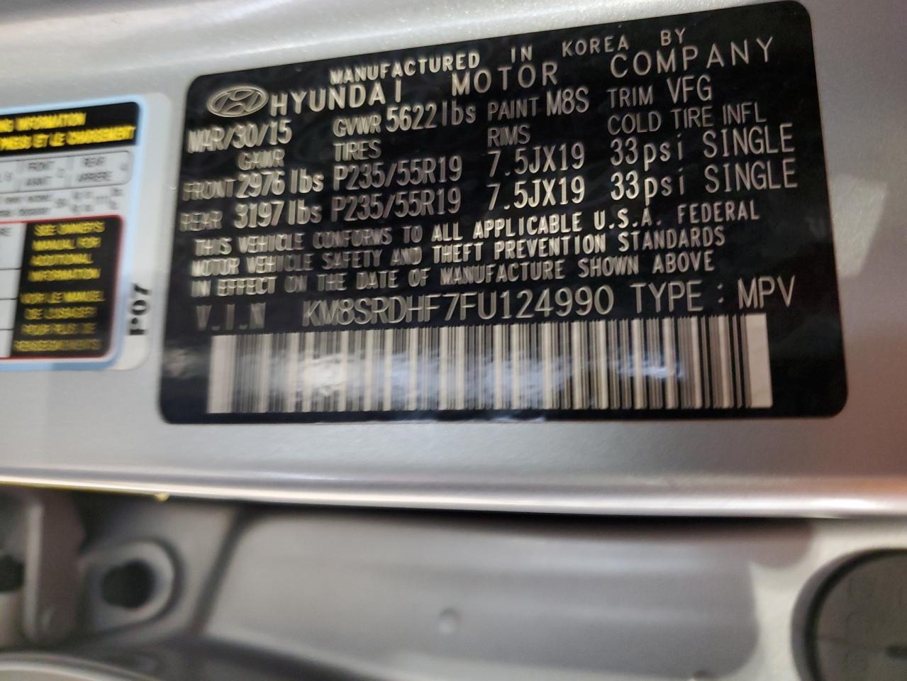 2015 Hyundai Santa Fe Gls VIN: KM8SRDHF7FU124990 Lot: 65221635
