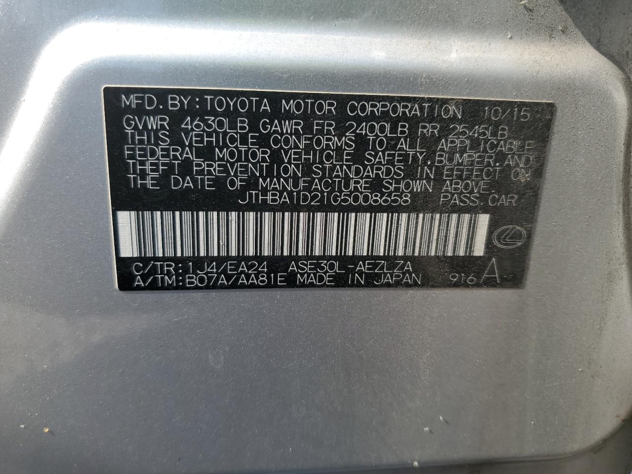 2016 Lexus Is 200T VIN: JTHBA1D21G5008658 Lot: 66669165