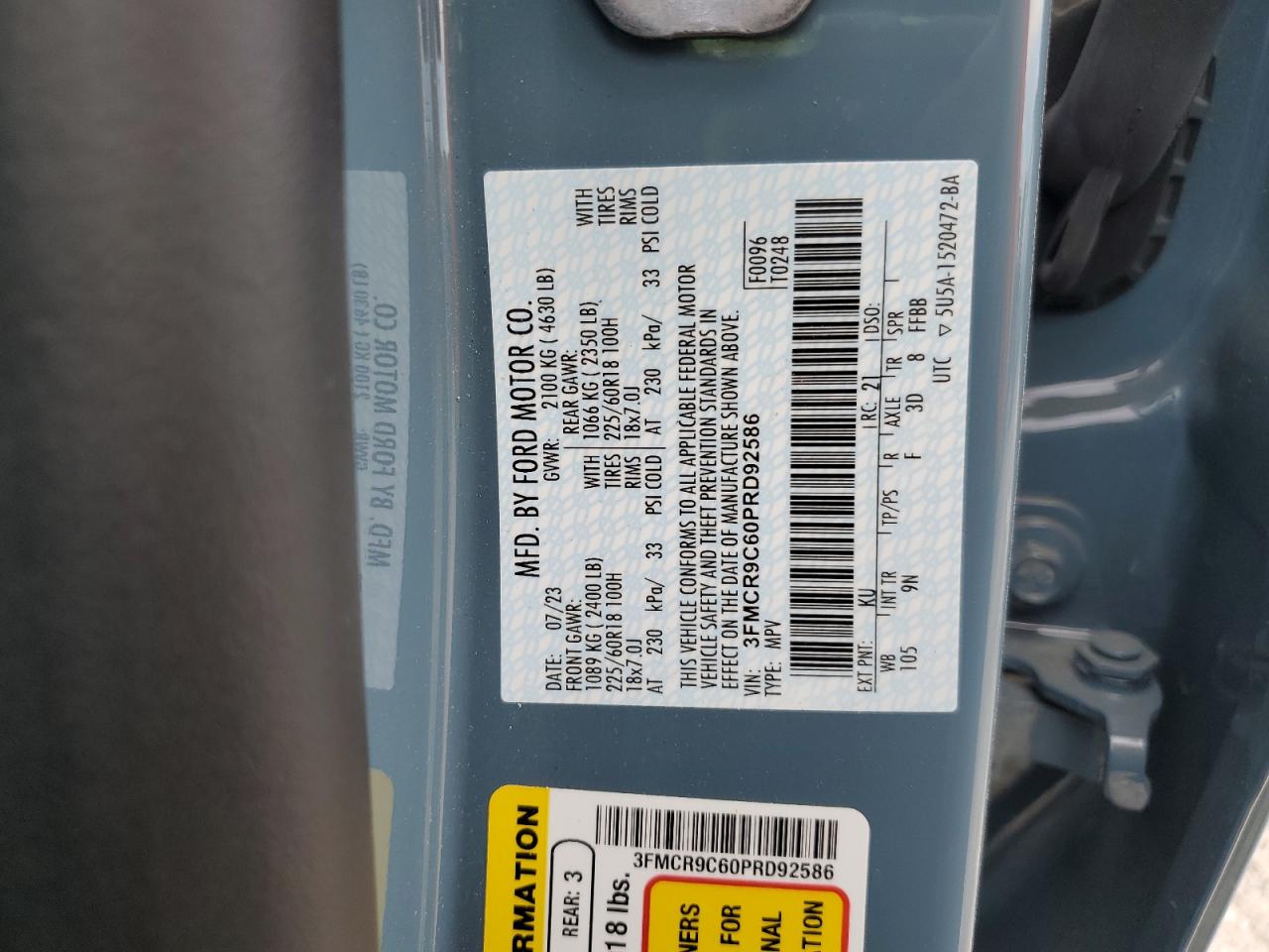 2023 Ford Bronco Sport Outer Banks VIN: 3FMCR9C60PRD92586 Lot: 64439655