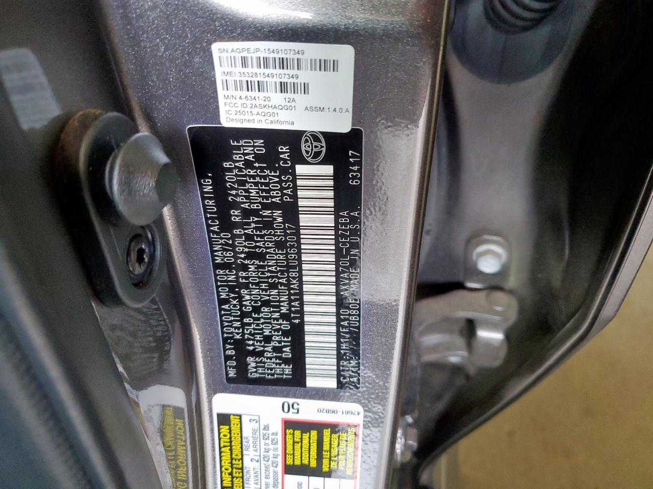 2020 Toyota Camry L VIN: 4T1A11AK8LU963017 Lot: 63316375