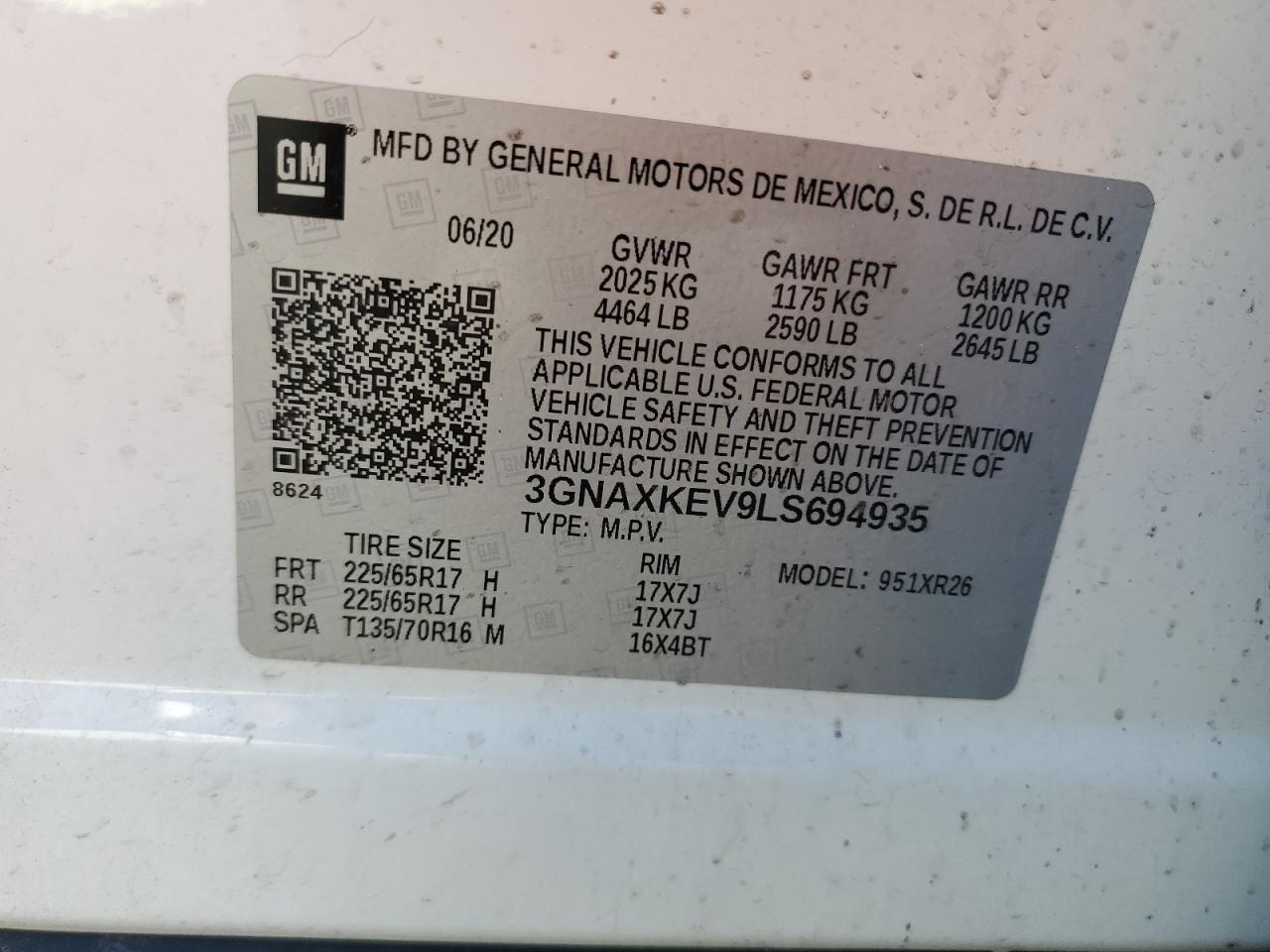 2020 Chevrolet Equinox Lt VIN: 3GNAXKEV9LS694935 Lot: 65792125