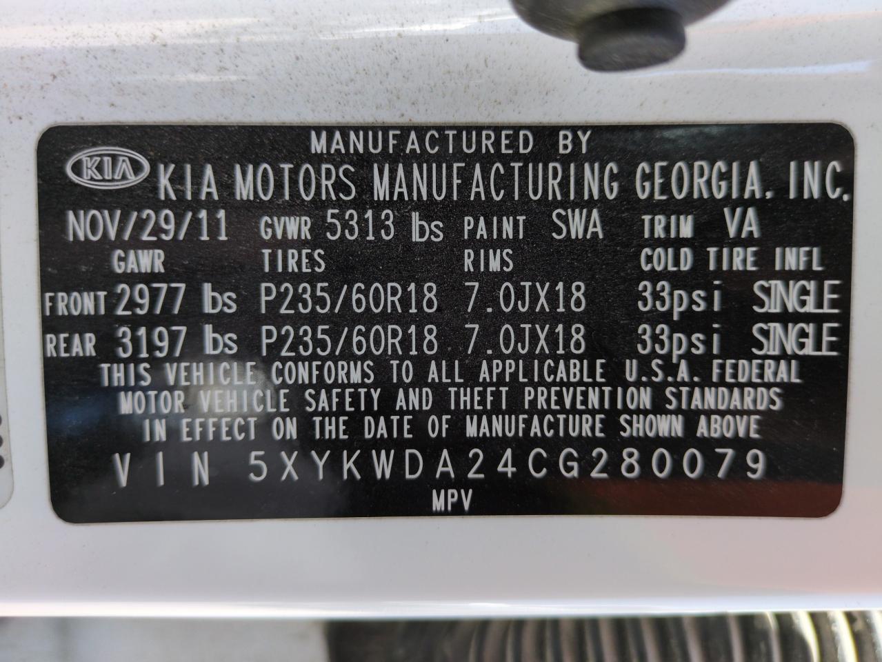 2012 Kia Sorento Sx VIN: 5XYKWDA24CG280079 Lot: 63855335
