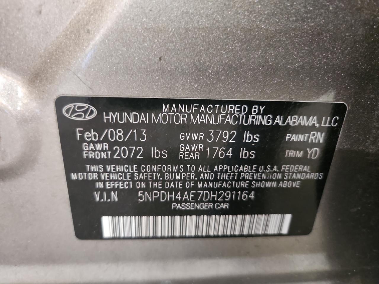 2013 Hyundai Elantra Gls VIN: 5NPDH4AE7DH291164 Lot: 64825165