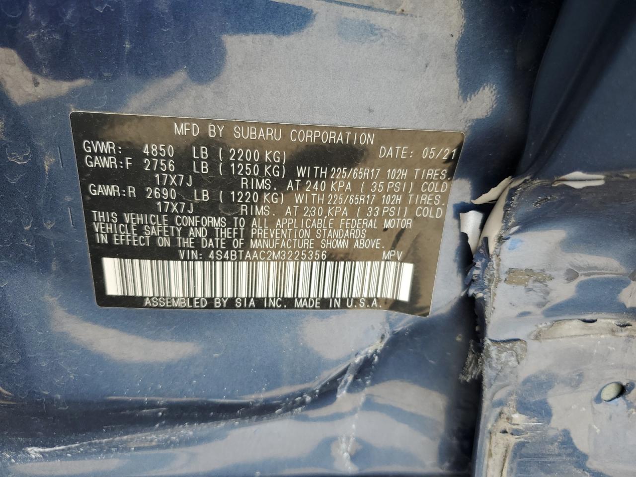 2021 Subaru Outback VIN: 4S4BTAAC2M3225356 Lot: 64934465