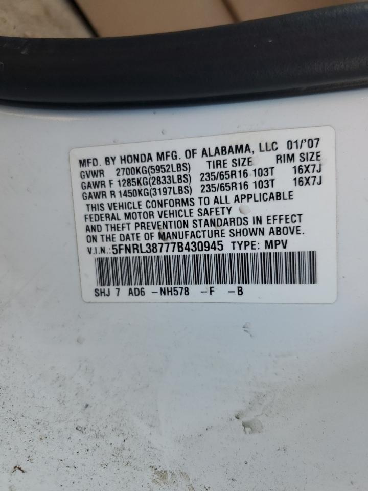 2007 Honda Odyssey Exl VIN: 5FNRL38777B430945 Lot: 64497395